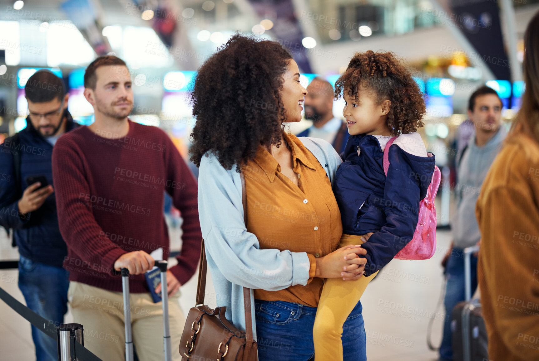 Buy stock photo Airport, happy mother and girl at international flight check for plane board or airplane ticket payment. Happy mom, child and family waiting at gate for air travel and security before transport