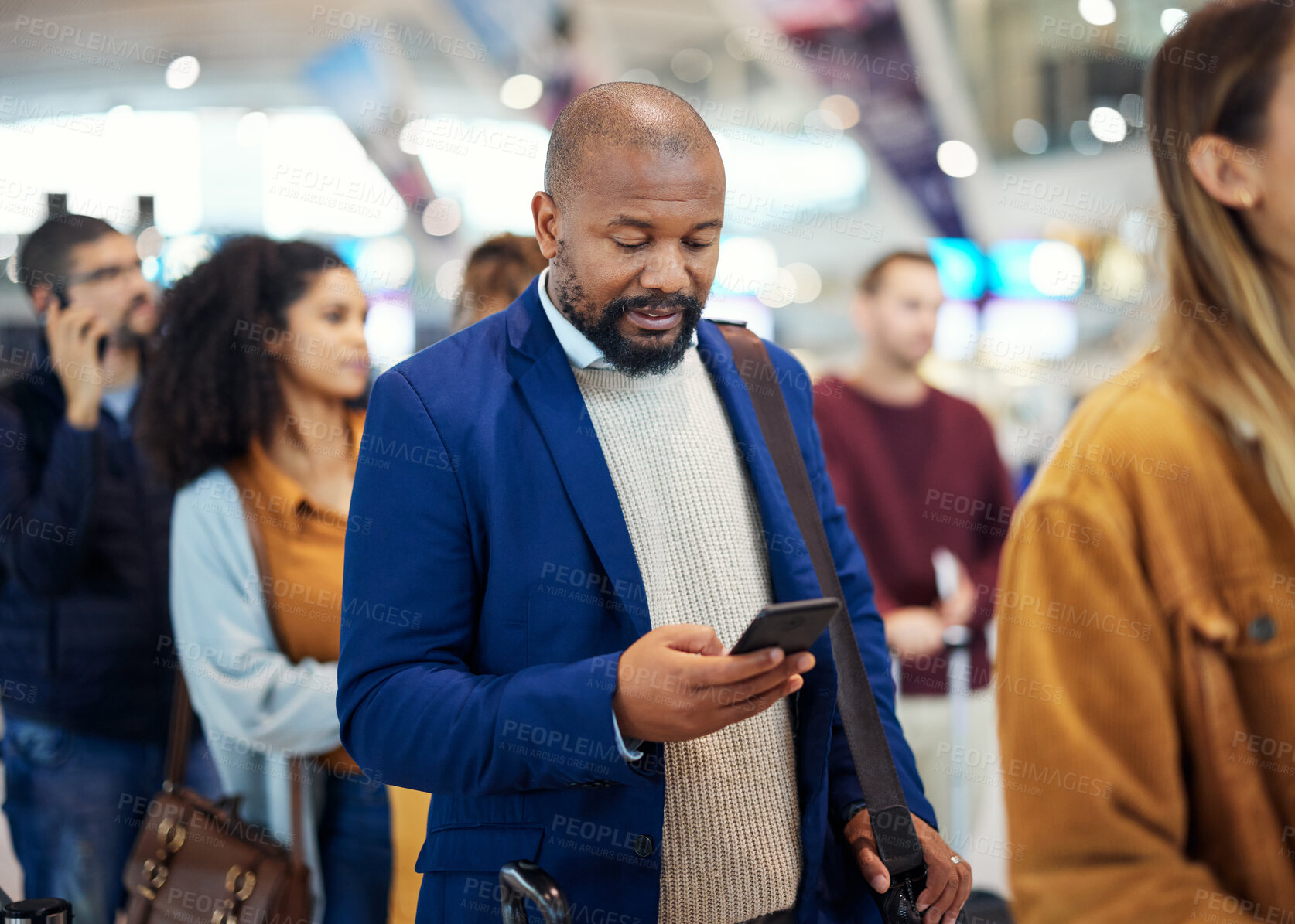 Buy stock photo Travel, search and phone with black man in airport for flight, vacation and immigration. Queue, communication and technology with businessman in line with luggage for trip, holiday and first class