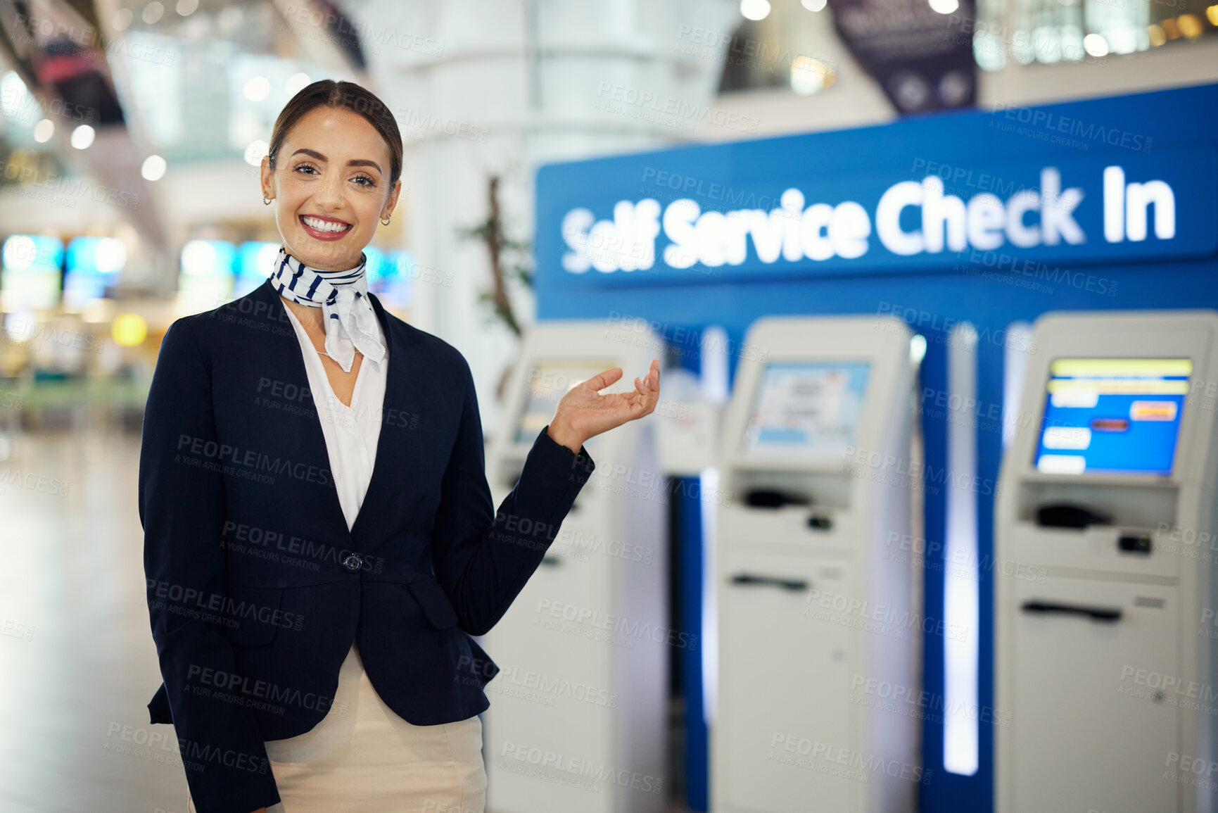 Buy stock photo Woman, passenger assistant and airport for check in by self service station or machine for information, help or FAQ. Portrait of happy female services agent standing ready to assist people in travel