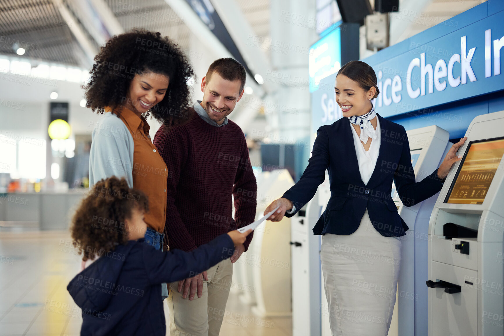 Buy stock photo Woman, passenger assistant and family at airport by self service check in station for information, help or FAQ. Happy friendly female agent helping travelers register or book airline flight ticket