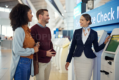 Buy stock photo Woman, passenger assistant and couple at airport by self service check in station for information, help or FAQ. Portrait of happy female services agent helping travelers register or book air flight