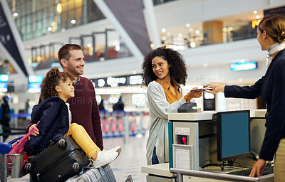 Buy stock photo Family, travel and holiday, child with parents at airport with happiness, excited and ready for adventure with passport. Happy people, diversity and freedom with vacation abroad, flight and airplane