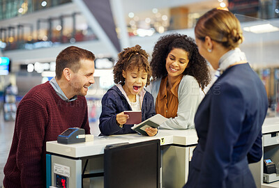 Buy stock photo Family, travel and excited child with parents at airport with happiness, vacation and ready for adventure with passport. Happy people, diversity and freedom with holiday abroad, flight and airplane
