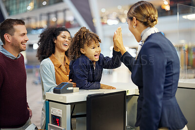 Buy stock photo Family, travel and high five, child and parents with airport staff, happiness and vacation, ready for adventure. Happy people, diversity and freedom, support with holiday abroad, flight and airplane