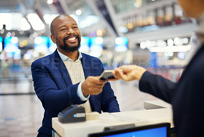 Buy stock photo Black man, giving passport and airport for travel, security and identity for global transportation service. African businessman, documents and concierge for immigration with international transport
