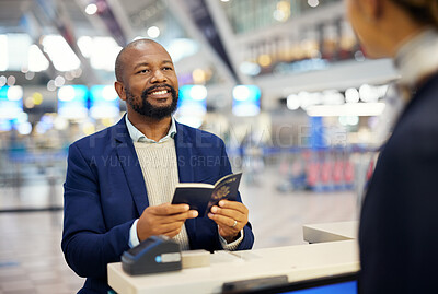 Buy stock photo Black man, passport and airport desk for travel, security and identity for global transportation service. African businessman, documents and concierge for consultation on international transportation