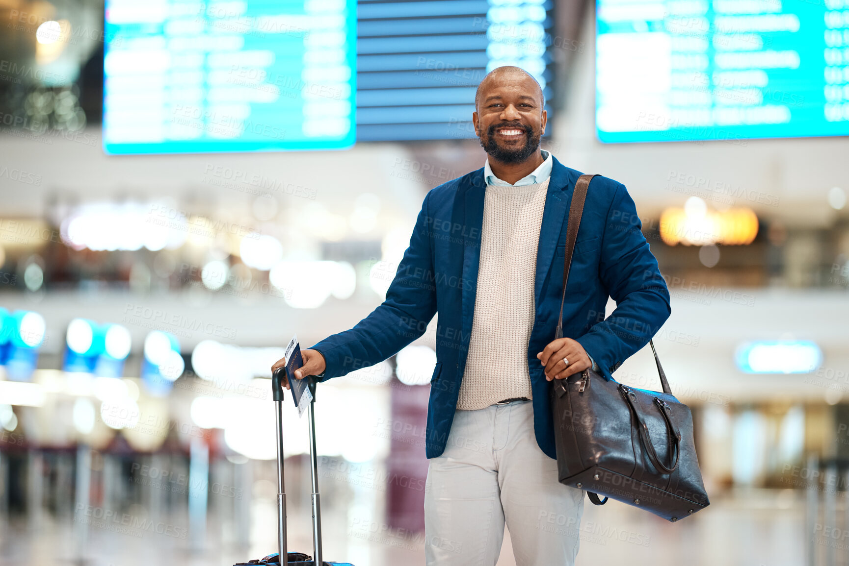 Buy stock photo Portrait of black man, airport and smile with luggage and flight schedule display for business trip. Happiness, travel and happy businessman standing in terminal with foreign country destination.