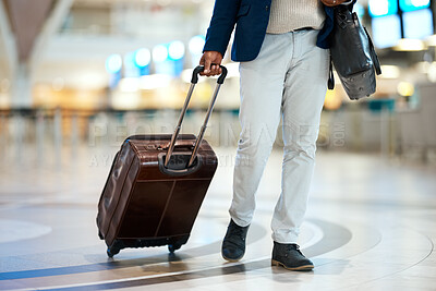 Buy stock photo Luggage, airport and black man travel for business opportunity, international career and immigration. Professional person or entrepreneur legs walking with suitcase for flight, wealth and global job