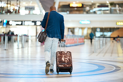 Buy stock photo Suitcase, airport and black man travel for business opportunity, international career and immigration. Professional person or entrepreneur walking from behind with luggage for flight and global job