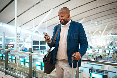 Buy stock photo Black man with phone, airport and online check in or flight schedule in terminal for business trip. Smile, travel and happy businessman checking visa or international destination time on mobile app.