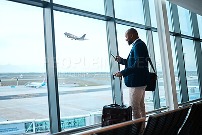 Buy stock photo Black man with phone, airport window and plane taking off, checking flight schedule terminal for business trip. Technology, travel and businessman reading international travel restrictions app online
