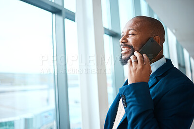 Buy stock photo Black man, airport window and business call with smile looking at plane travel flight. Mobile connection, happiness and businessman with luggage for plane and executive networking on cellphone