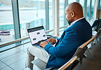 Travel, laptop and serious with black man in airport for planning, vip lounge and communication. Relax, internet and technology with businessman reading email on layover for vacation, trip and flight