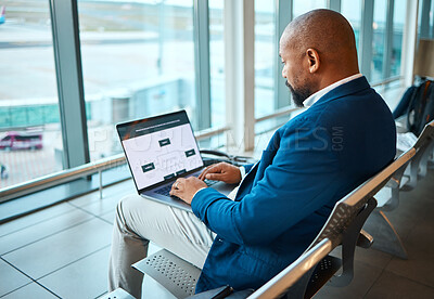 Buy stock photo Travel, laptop and serious with black man in airport for planning, vip lounge and communication. Relax, internet and technology with businessman reading email on layover for vacation, trip and flight