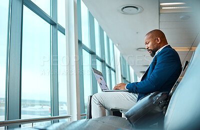 Buy stock photo Travel, laptop and website with black man in airport for online booking, vip lounge and communication. Relax, internet and technology with businessman reading on layover for vacation, trip and flight