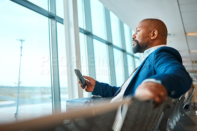 Buy stock photo Travel, thinking and phone with black man in airport for social media, business trip and and networking. Communication, vacation and email with passenger on layover for first class, app and contact