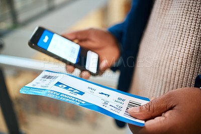 Buy stock photo Plane ticket, flight check and black man hands holding airplane paper documents and phone. Digital app, networking and airport document for travel schedule with male holding barcode information