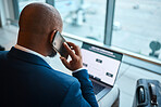 Phone call, laptop and man at airport with travel agency website, schedule and communication services. African business person in waiting room or lobby with suitcase, smartphone and booking online