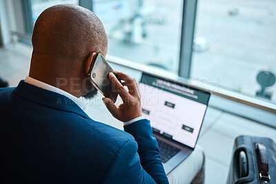 Buy stock photo Phone call, laptop and man at airport with travel agency website, schedule and communication services. African business person in waiting room or lobby with suitcase, smartphone and booking online