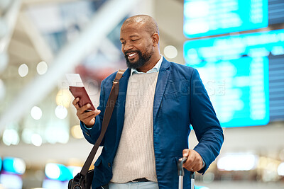 Buy stock photo Black man in airport with passport, ticket and smile, travelling to foreign country for business trip. Visa, travel and happy businessman waiting for flight time to international destination for work