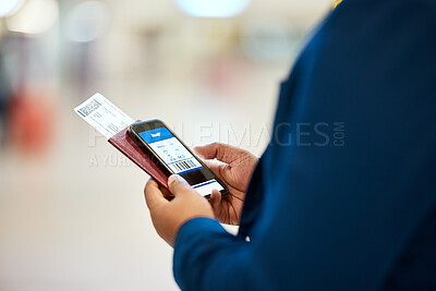 Buy stock photo Qr code, check in and man with a phone for a ticket, airplane booking and information at airport. Travel, website and hand of a businessman reading a barcode on a mobile for a work trip or vacation