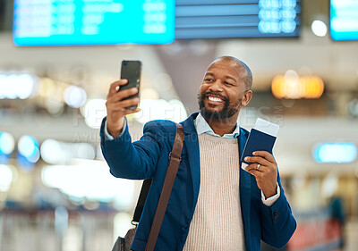 Buy stock photo Travel, selfie and ticket with black man in airport for social media, departure and vacation. Business trip, smile and happy with passenger and picture with phone for tourism, holiday and passport