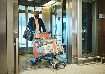 Buy stock photo Black man, travel for business and luggage with airport and conference, exit elevator with suitcase and corporate trip. Businessman, finance convention or seminar and travelling, ready for flight