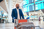 Luggage trolley, airport and travel man with international vacation, holiday or immigration for global opportunity. Suitcase, walking with baggage and african person happy for flight transportation