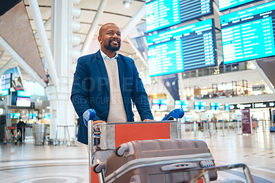 Buy stock photo Luggage trolley, airport and travel man with international vacation, holiday or immigration for global opportunity. Suitcase, walking with baggage and african person happy for flight transportation