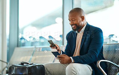 Buy stock photo Travel, ticket and phone with black man in airport for social media, business trip and and networking. Communication, vacation and email with passenger on layover for first class, app and passport