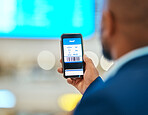 Qr code, travel and man with a phone for a ticket, airplane booking and information at the airport. App, website and hand of a businessman reading a barcode on a mobile for a work trip or vacation