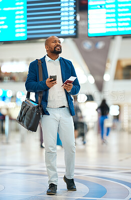 Buy stock photo Black man checking flight schedule with phone and ticket walking in airport terminal, holding passport for business trip. Smile, travel app and happy businessman boarding international destination.