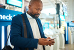Black man, plane ticket check and document with international airport information for travel. Flight data, businessman and luggage of a African employee reading passport info for airplane immigration