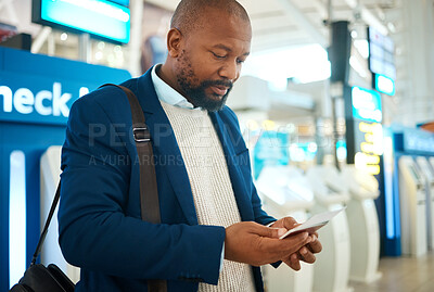 Buy stock photo Black man, plane ticket check and document with international airport information for travel. Flight data, businessman and luggage of a African employee reading passport info for airplane immigration