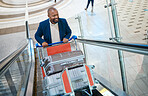 Black man, travel for business and suitcase with airport and conference, escalator with luggage and corporate trip. Businessman, finance convention or seminar and travelling, ready for flight