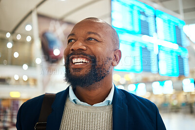 Buy stock photo Travel, smile and happy black man in airport for international traveling or global journey. Face, immigration and thinking African businessman excited for vacation, holiday or business trip flight.
