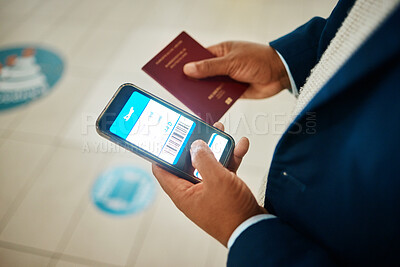 Buy stock photo Airport, phone screen and passport in hands for booking online ticket, digital information and travel fintech. E commerce, website flight registration and business black man with mobile app ux or ui