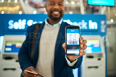 Buy stock photo Airport, travel and man with a boarding pass on his phone to check in before his flight for a work trip. Technology, professional and African business male with a electronic plane ticket on cellphone