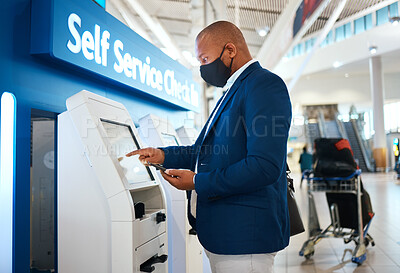 Buy stock photo Covid, travel and self service with black man and phone in airport for online booking, ticket and technology. Vacation, business trip and kiosk with passenger typing for flight, airline and check in