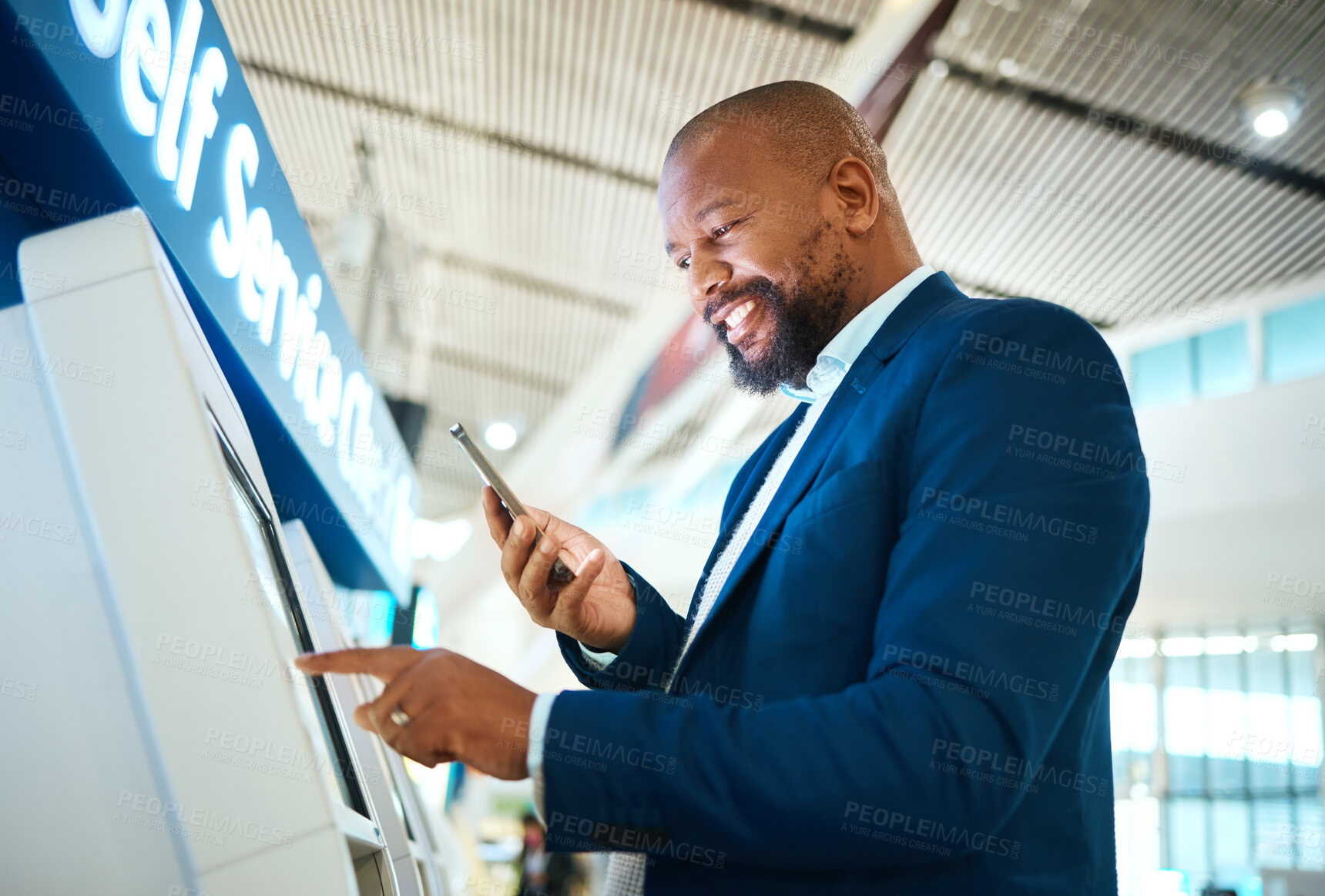 Buy stock photo Airport ticket, self service and man with phone for online booking, fintech payment and digital registration. African business person at POS machine for flight schedule, e commerce and smartphone app