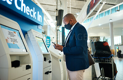 Buy stock photo Black man, face mask and plane self check in with phone app with airport information for travel. International flight data, businessman and luggage of a employee reading mobile info for airplane