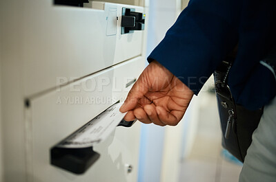 Buy stock photo Hands, ticket and airport at self service machine for check in, flight or boarding pass to travel. Hand of traveler taking plane tickets for traveling, trip or journey at airline auto terminal