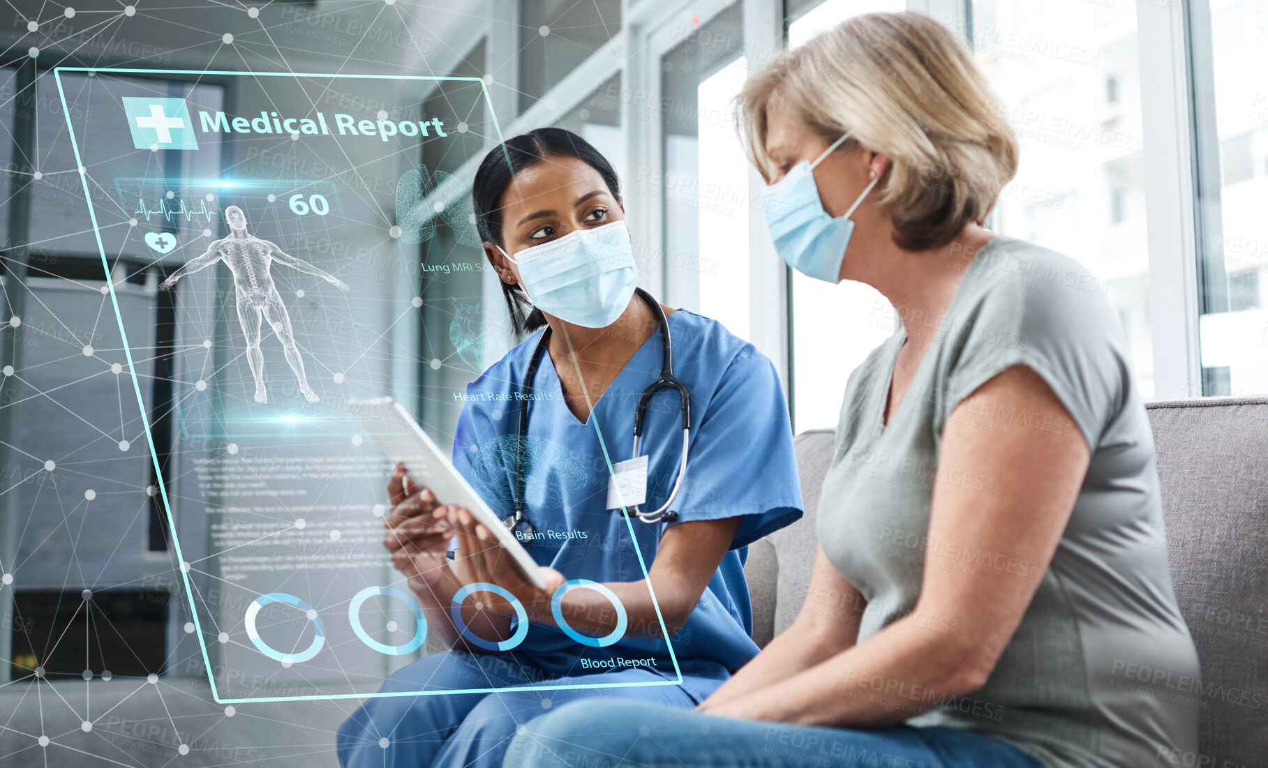 Buy stock photo Doctor, patient and tablet with future technology and health, digital medical report and women in face mask with Covid. Anatomy, hologram and 3D with healthcare, consultation and overlay in hospital