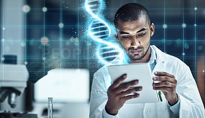 Buy stock photo Scientist, tablet and lab with overlay for research, dna and medical innovation on cloud computing. Man, doctor and mobile touchscreen for data analytics in laboratory with 3d holographic ux in night