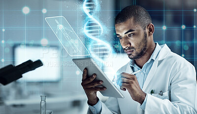 Buy stock photo Scientist, tablet and laboratory with overlay for research, dna and medical writing with cloud computing. Man, doctor and mobile touchscreen for data analytics in lab with 3d holographic ux in night