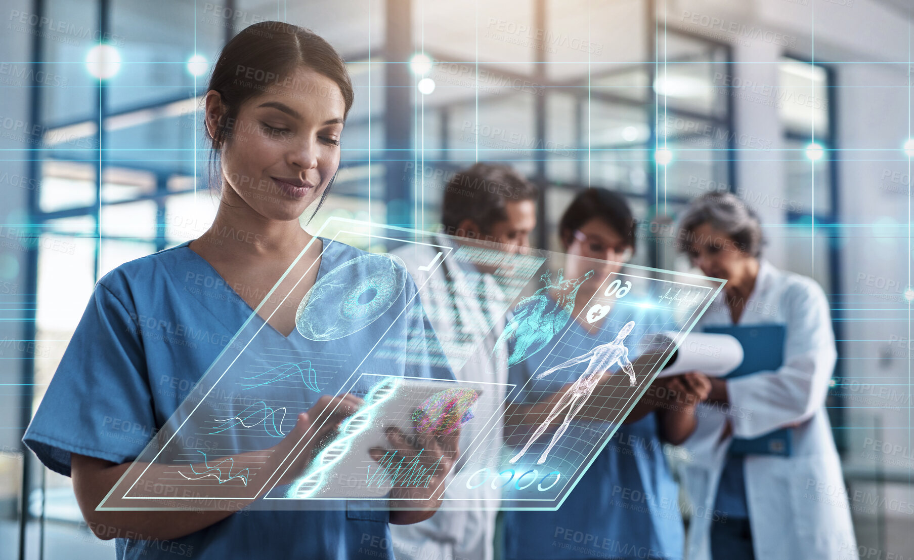 Buy stock photo Doctor, woman and tablet in hospital with holographic ux for telehealth, medical innovation and dna study. Medic, mobile touchscreen for typing on app for data analysis, 3d hologram ui and research