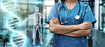 Woman doctor, healthcare and body hologram overlay for health, wellness and hospital insurance. Person arms and 3d anatomy ai technology for medical abstract or dna future, innovation and development