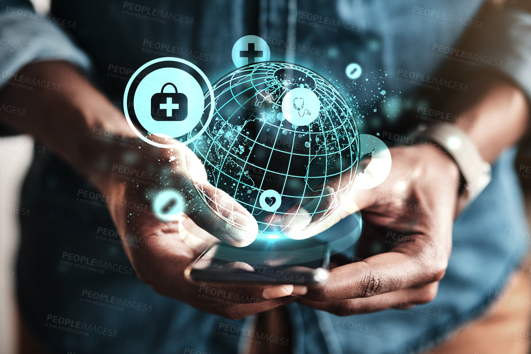 Buy stock photo Hands, phone and black man with earth hologram for global health insurance, telehealth or medical service. Patient, smartphone app ux and typing for health, consulting and 3d holographic ui of planet