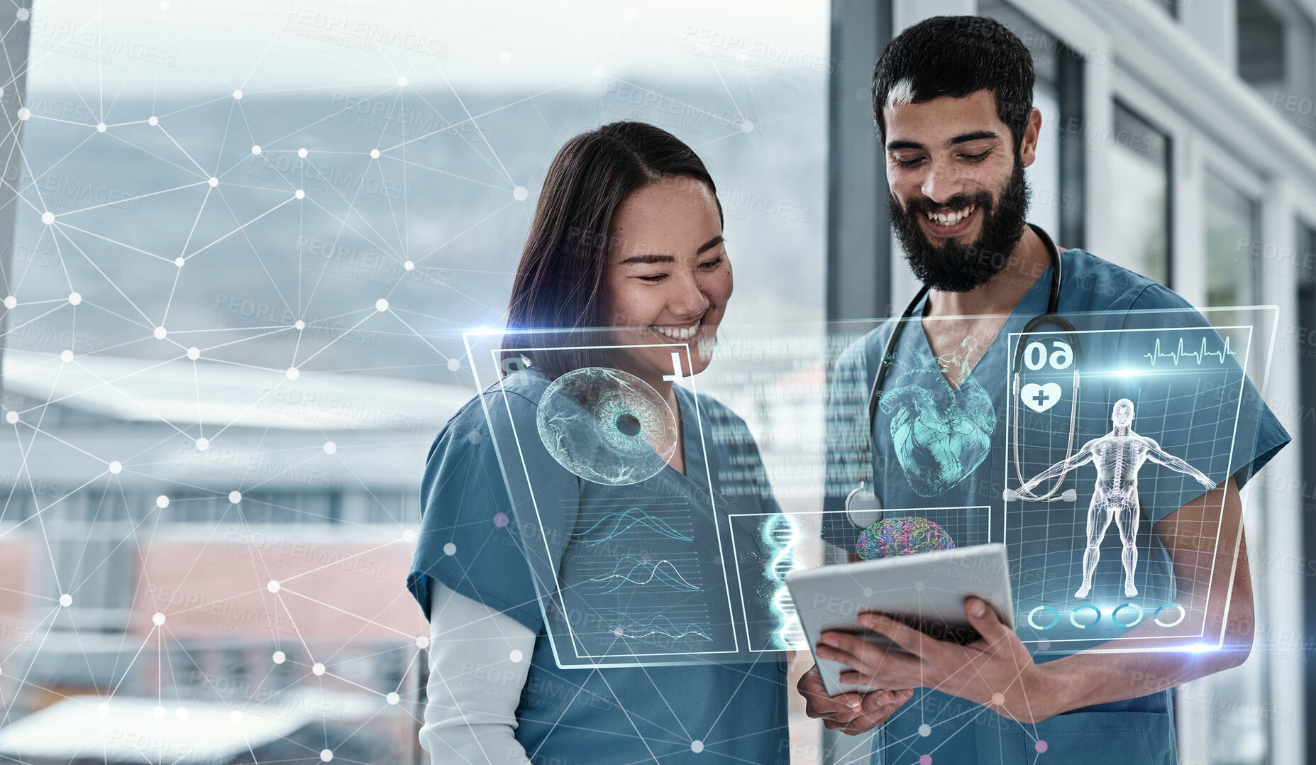 Buy stock photo Tablet, team work or doctors with 3d holographic overlay of neurology anatomy research in hospital clinic. Data analysis, ai or medical healthcare workers working together to help science development