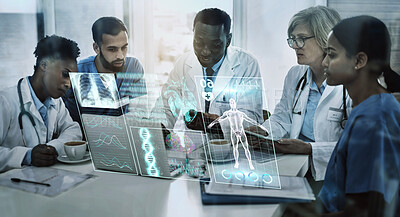 Buy stock photo Laptop, team work or doctors in meeting with 3d holographic overlay for anatomy research in hospital. Data analysis, ai or medical healthcare workers working together to help science development